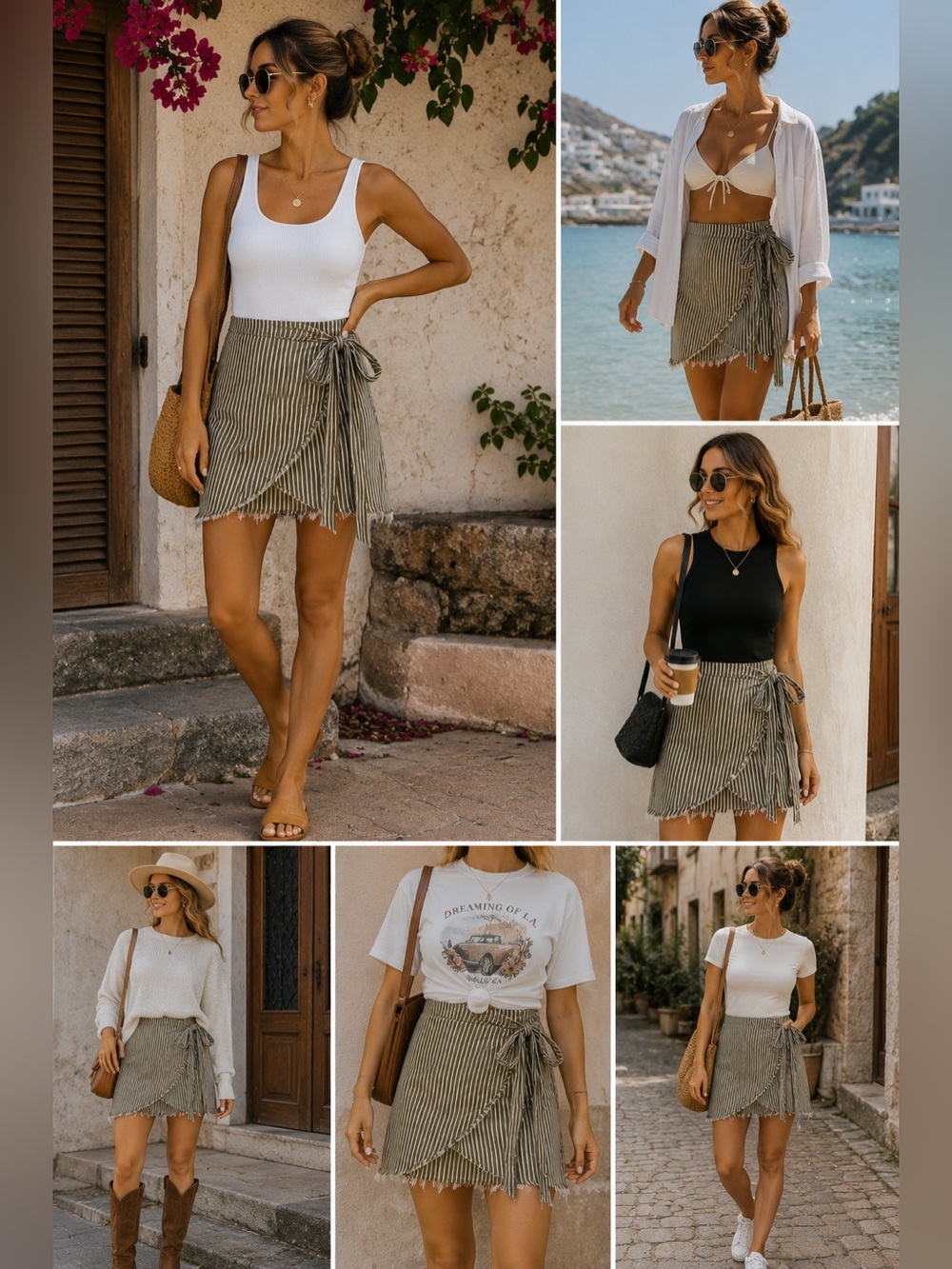 BEC + BRIDGE Olive Stripe Wrap Mini Skirt US 4 | Linen Blend Raw Hem Tie Waist
